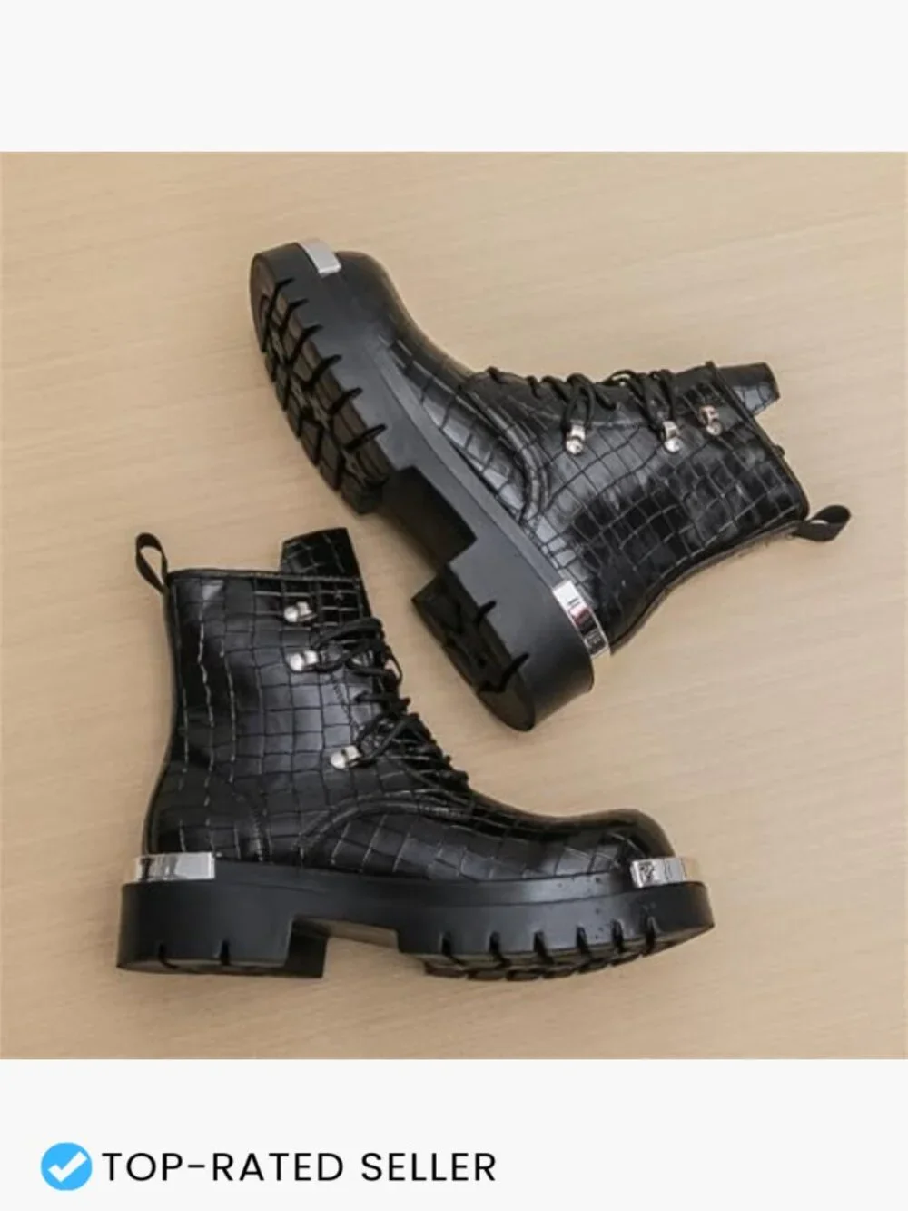 Stone Texture Patent Leather Lace Up Platform Ankle Combat Boots with Metal